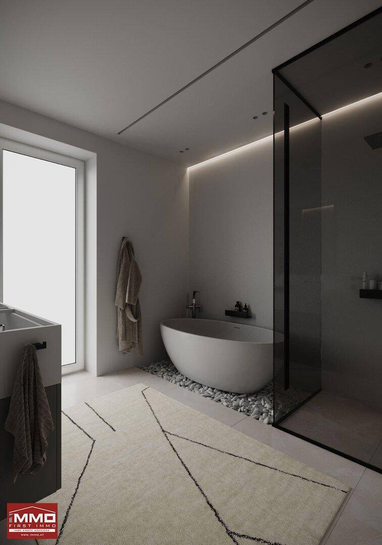 Modernes Badezimmer mit freistehender Badewanne, begehbarer Dusche und indirekter Beleuchtung.