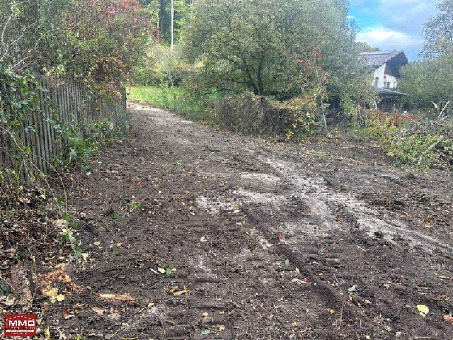 Unbefestigter Weg auf einem Grundstück mit angrenzendem Zaun und Bäumen.