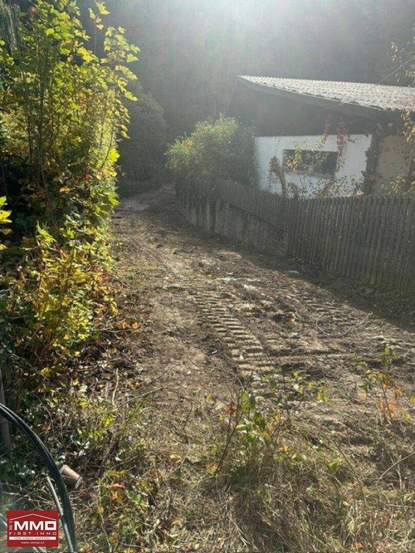 Unbefestigter Weg neben einem Haus mit bewachsenen Hängen und viel Grün.
