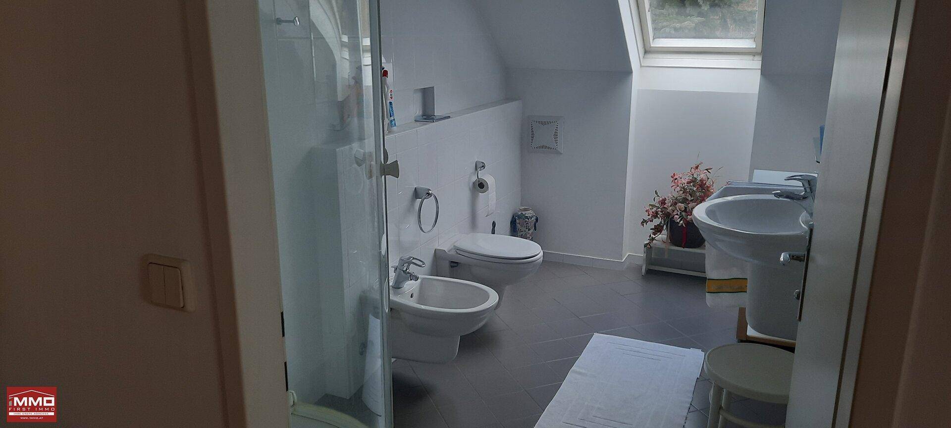 Helles Badezimmer im Dachgeschoss mit Dusche, WC, Bidet und Dachfenster für natürliches Licht.