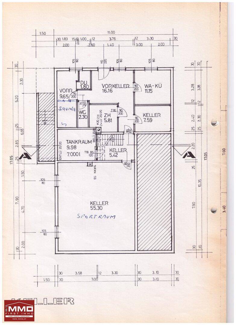 Grundriss des Untergeschosses mit Keller, Tankraum, Sauna und Sportraum.