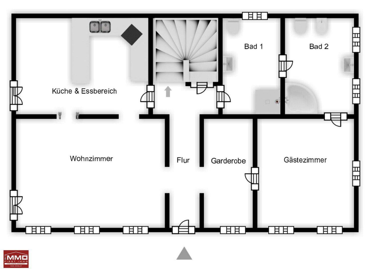 Grundriss des Erdgeschosses mit offener Küche, Wohnzimmer, zwei Bädern und Gästezimmer.