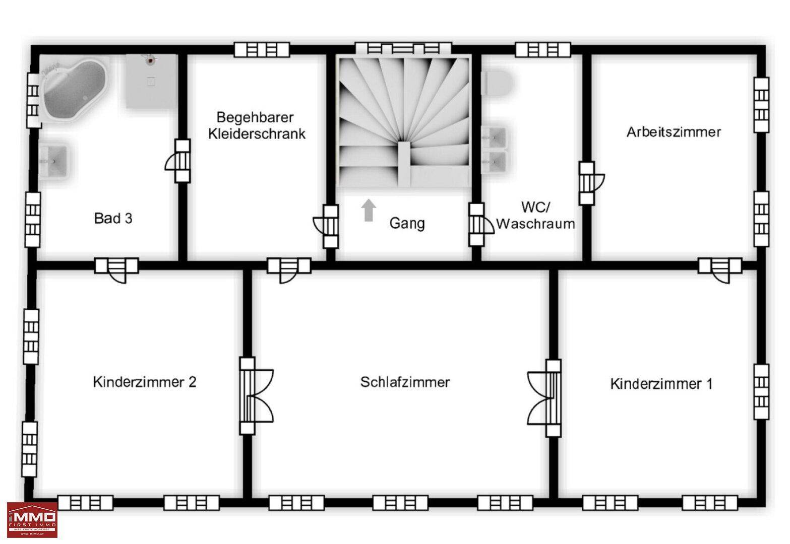 Grundriss des Obergeschosses mit Schlafzimmern, Bad, begehbarem Kleiderschrank und Arbeitszimmer.