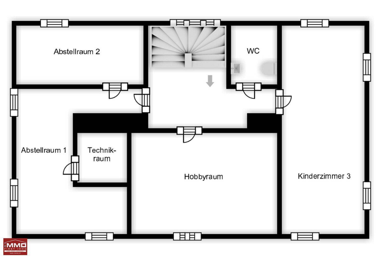 Grundriss des Untergeschosses mit Hobbyraum, Abstellräumen und Technikraum für vielseitige Nutzung.