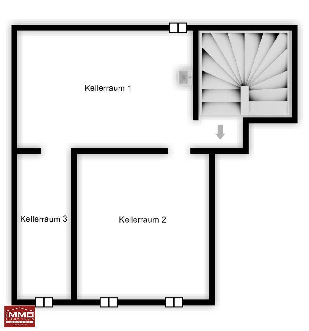 Grundriss des Kellergeschosses mit drei Kellerräumen für Lagerzwecke und Stauraum.