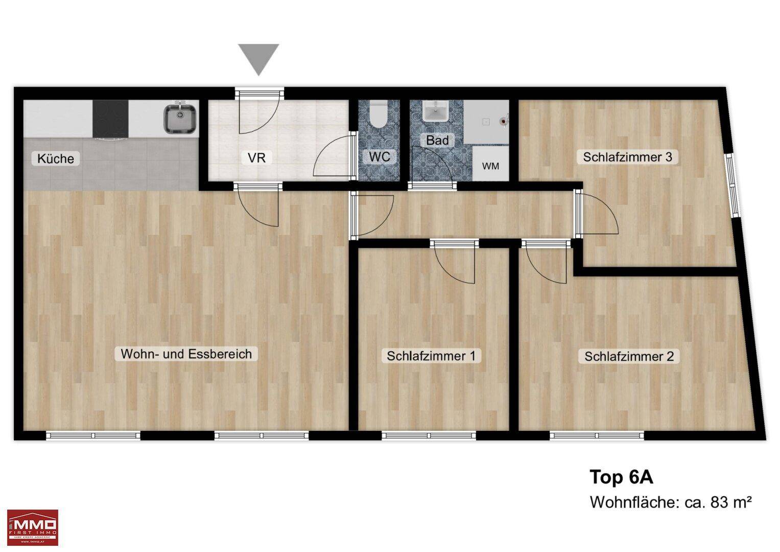 Grundriss der Wohnung Top 6A mit offenem Wohn-Essbereich, Küche und drei Schlafzimmern.