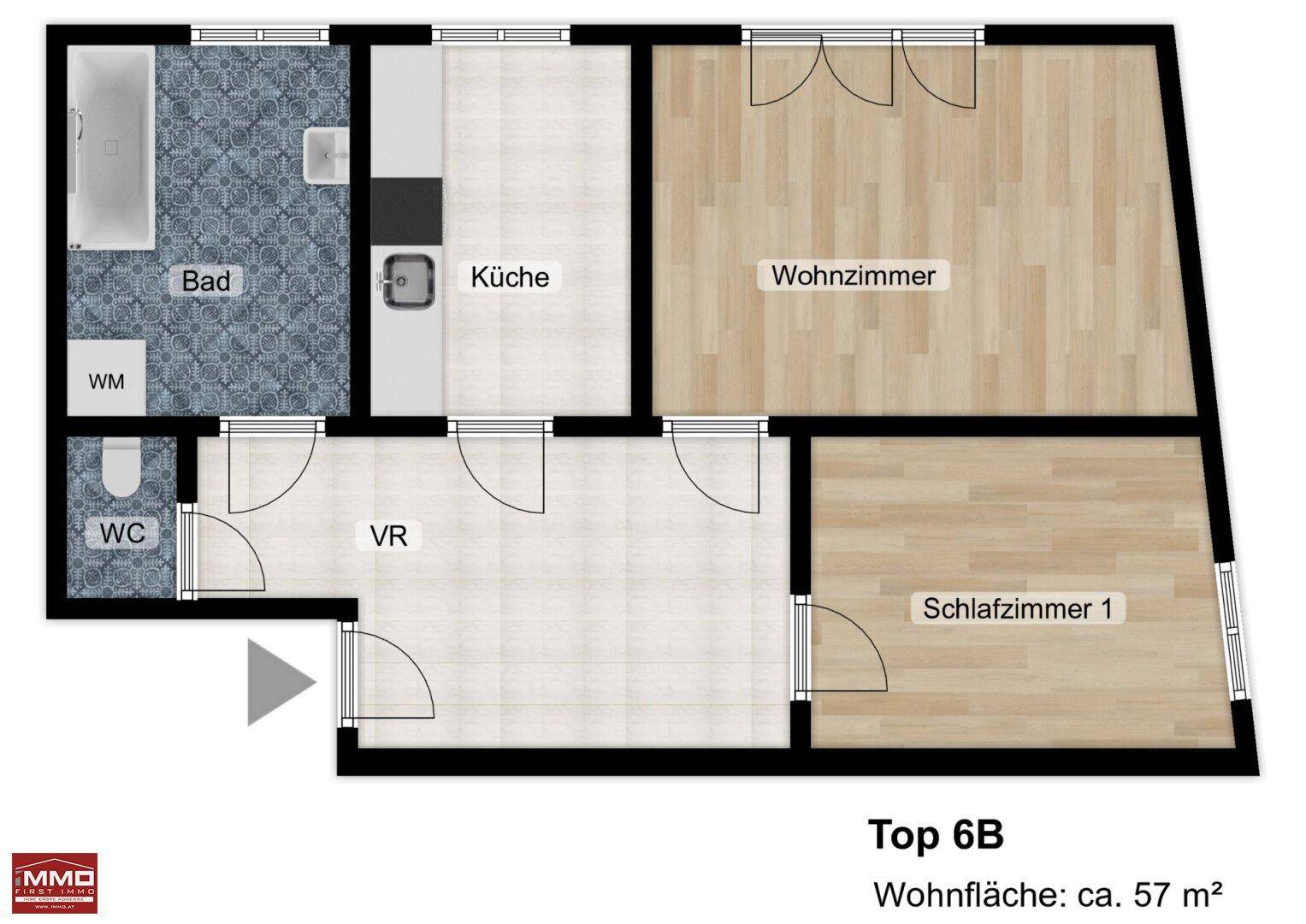 Grundriss der Wohnung Top 6B mit Wohnzimmer, Küche, einem Schlafzimmer und Bad.