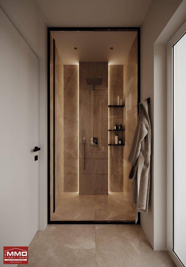 Moderne Duschkabine mit Regendusche, eleganten Fliesen und indirekter Beleuchtung.