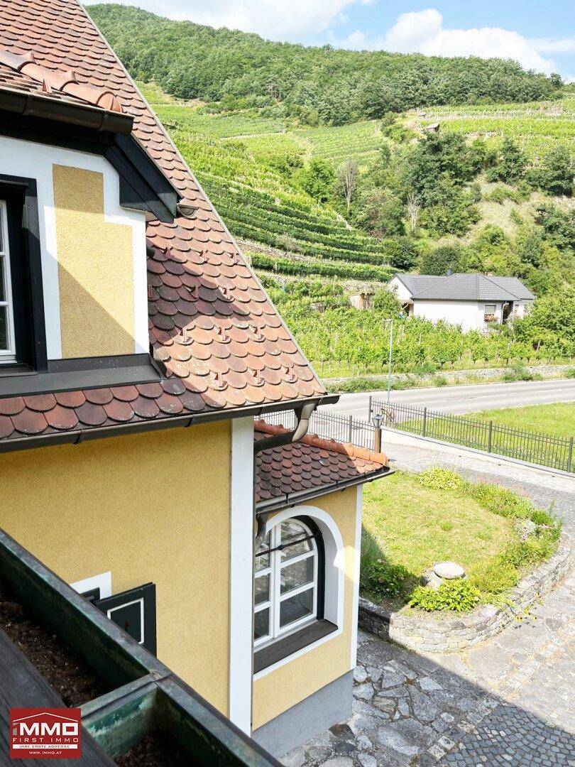 Seitenansicht des Hauses mit Blick auf die umliegenden Weinberge und grüne Hügel.