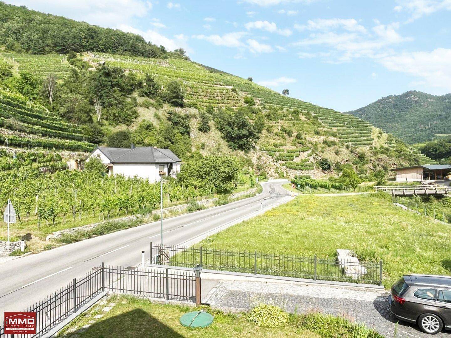 Malerische Landschaft mit Weinbergen und einer Straße, die sich durch die Hügel schlängelt.