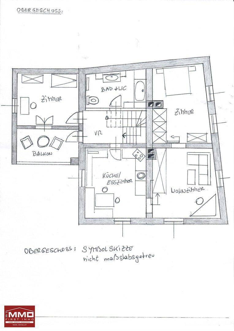 Handgezeichneter Grundriss des Obergeschosses mit Balkon, Küche/Esszimmer und Wohnzimmer.