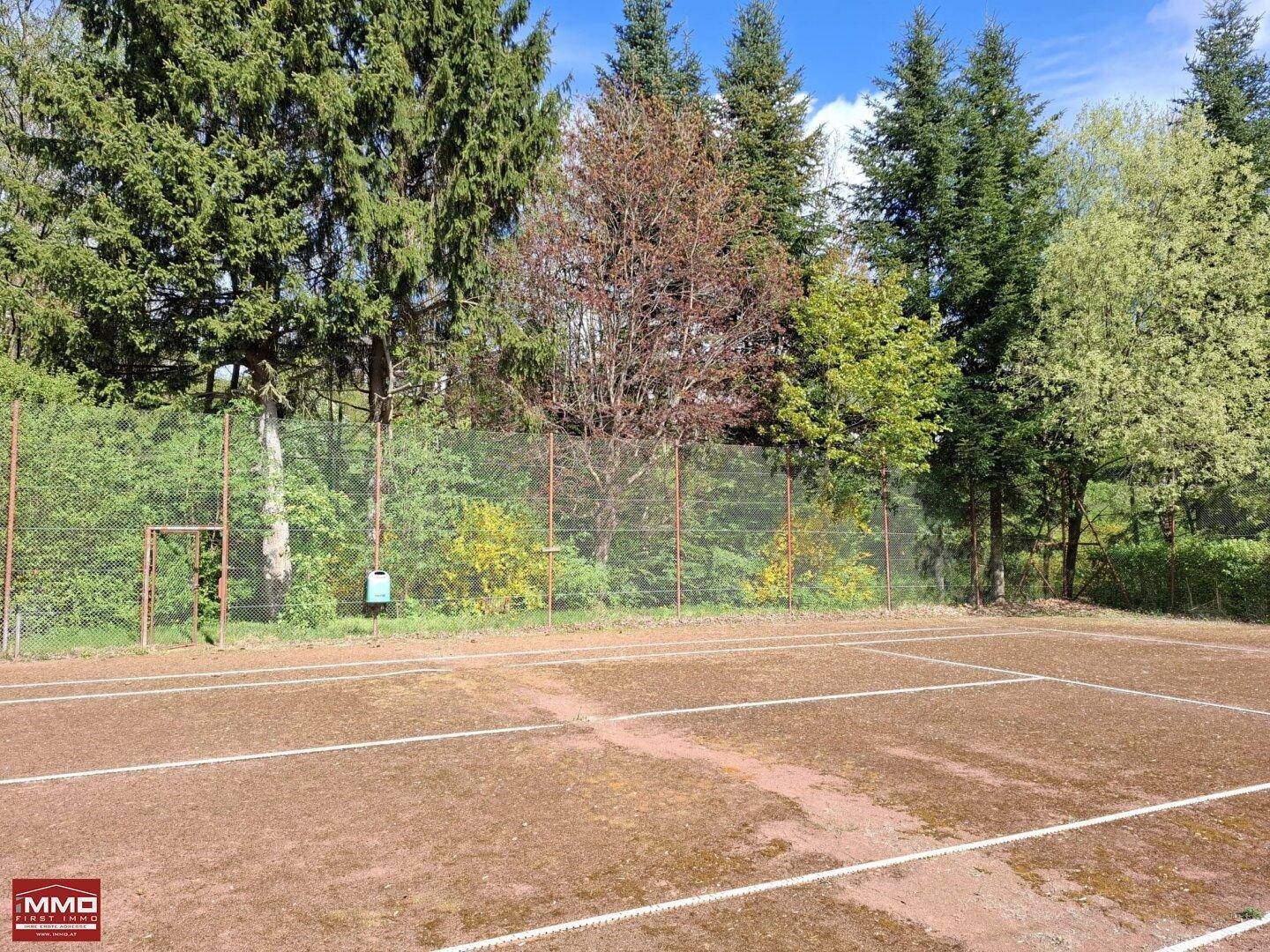 Weitläufiger Sandtennisplatz mit weißen Linien, umgeben von einer grünen Hecke und Bäumen.