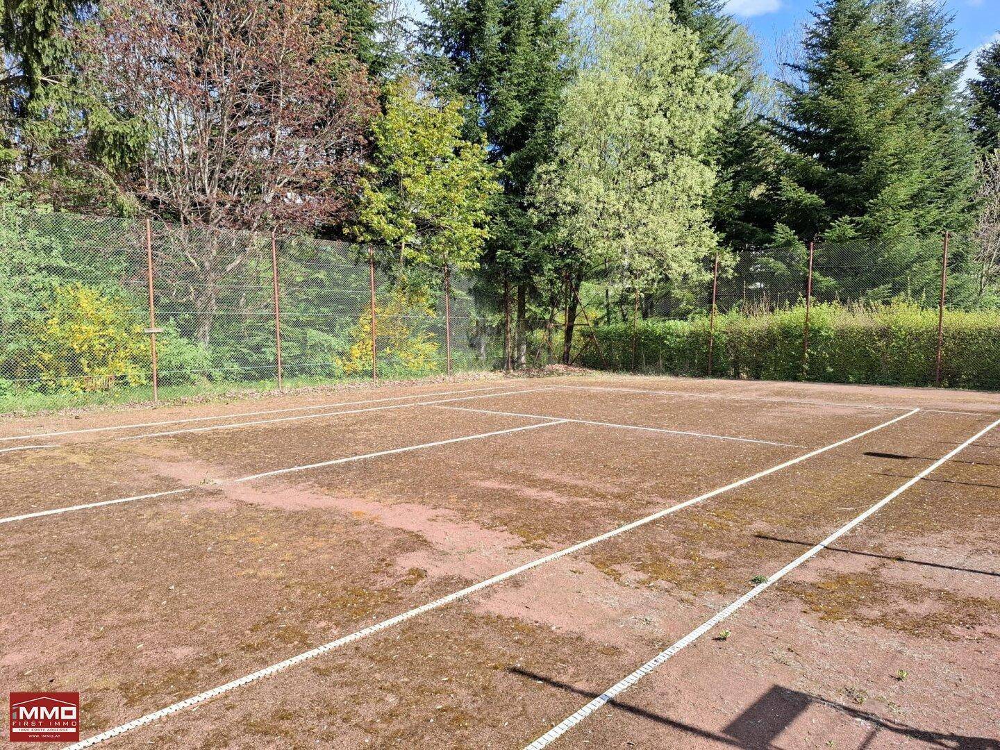 Sandtennisplatz mit deutlichen Spielfeldmarkierungen und umgebender Naturkulisse.