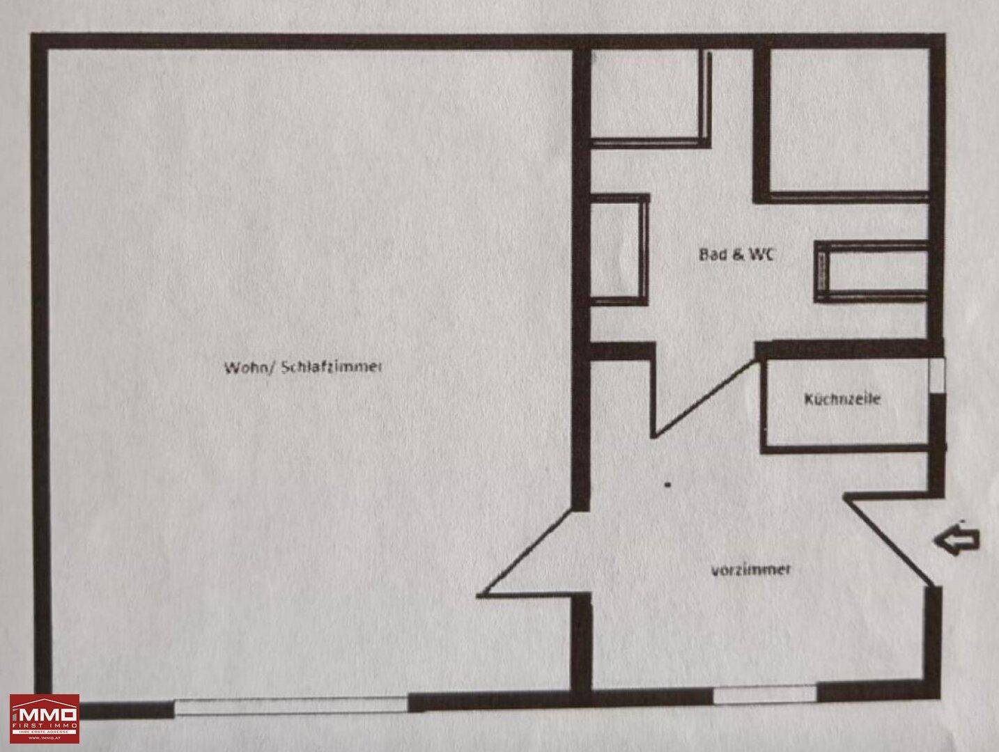 Grundriss der Wohnung mit kombiniertem Wohn-/Schlafzimmer, Bad, WC, Küche und Vorzimmer.
