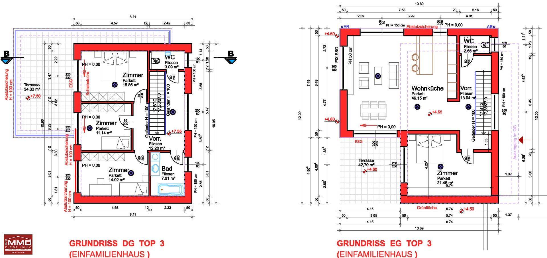 Grundrisse des Erdgeschosses und Dachgeschosses mit Wohnbereich, Schlafzimmern und Terrasse.