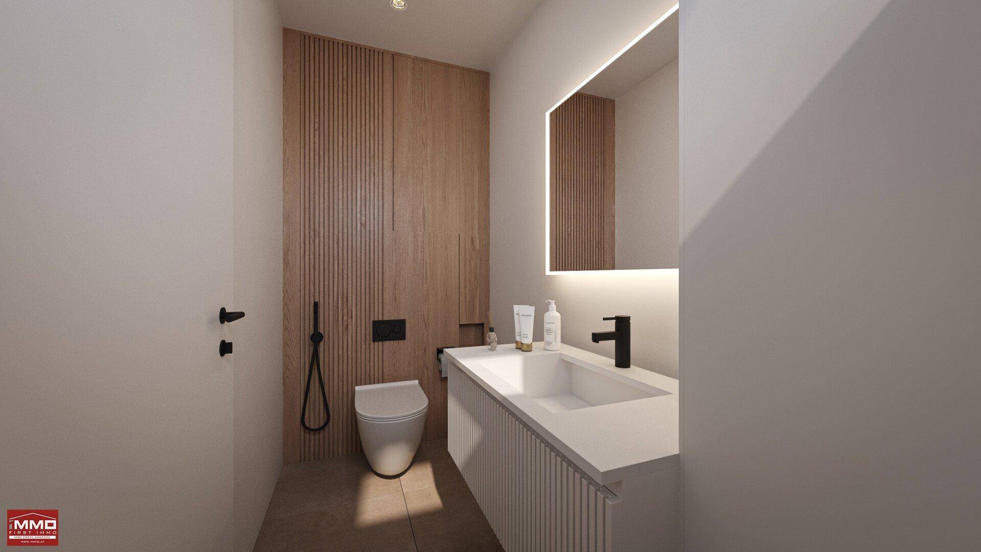 Modernes Gäste-WC mit Holzvertäfelung, wandhängendem WC und beleuchtetem Spiegel.