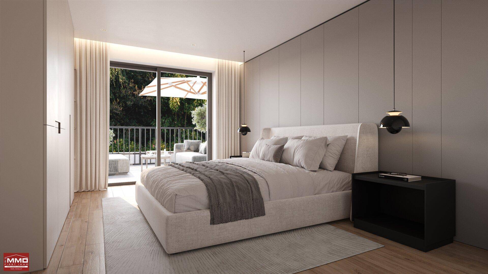 Helles Schlafzimmer mit modernem Design, großem Bett und Zugang zu einem Außenbereich.