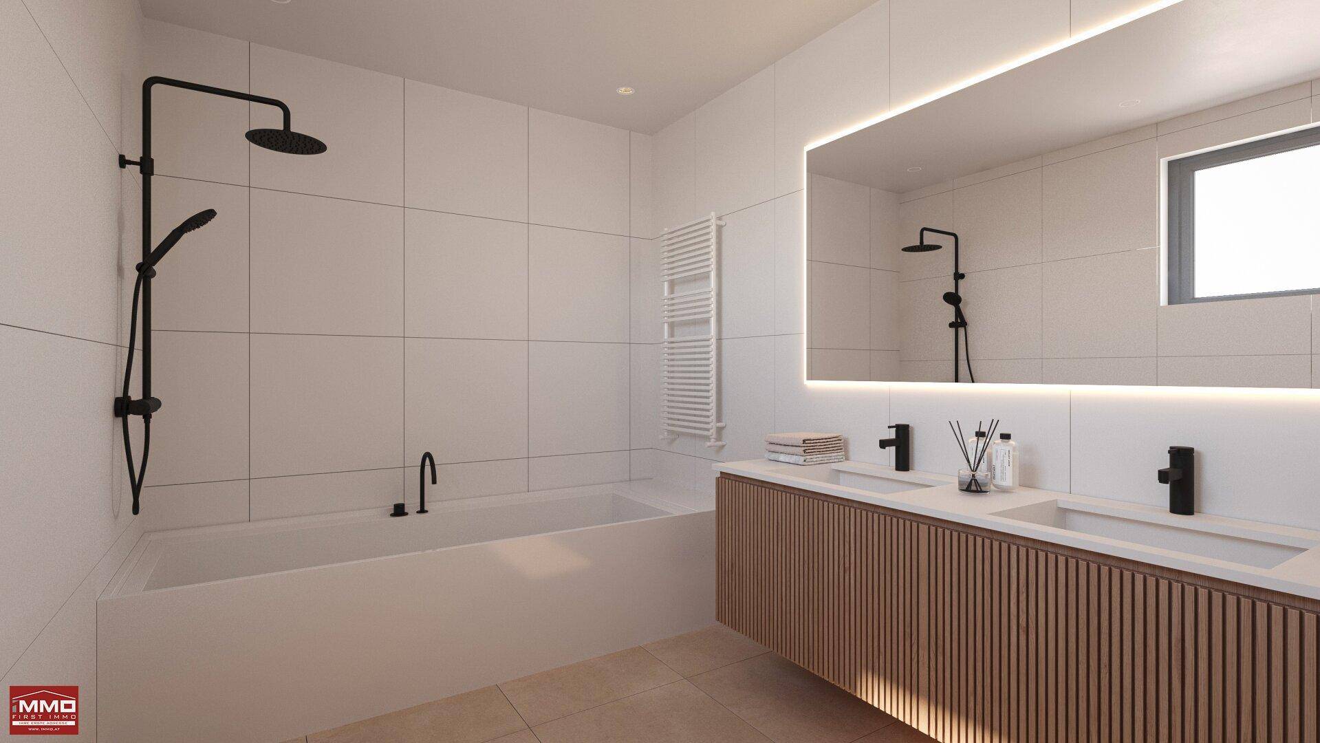Modernes Badezimmer mit Badewanne, Dusche, Doppelwaschbecken und Fenster für Tageslicht.