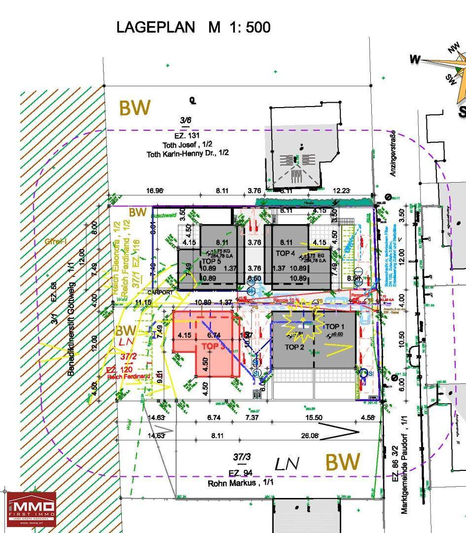 Lageplan im Maßstab 1:500 zeigt die Anordnung der Gebäude und Grundstücke in der Siedlung.