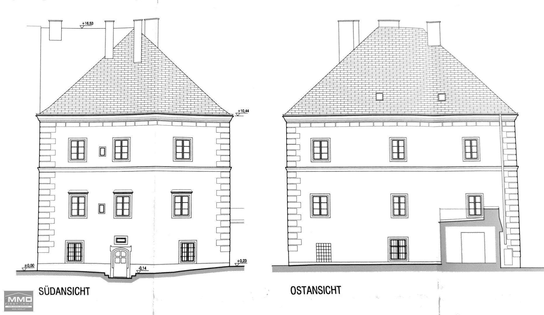 Architektonische Ansichten der Südfassade und Ostfassade eines historischen Gebäudes mit Satteldach.