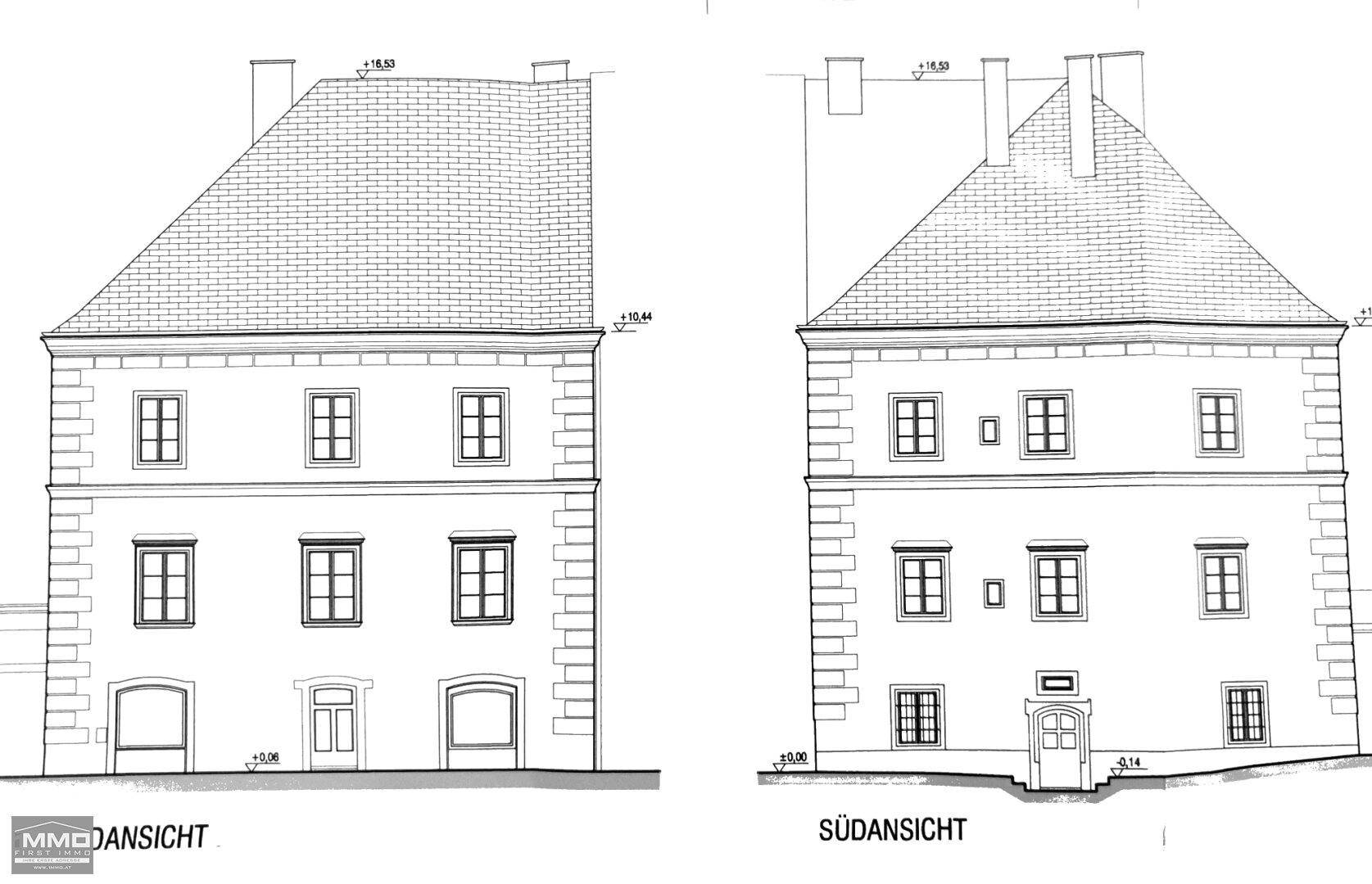 Architektonische Ansichten der Westfassade und Südfassade eines traditionellen Gebäudes mit Satteldach.