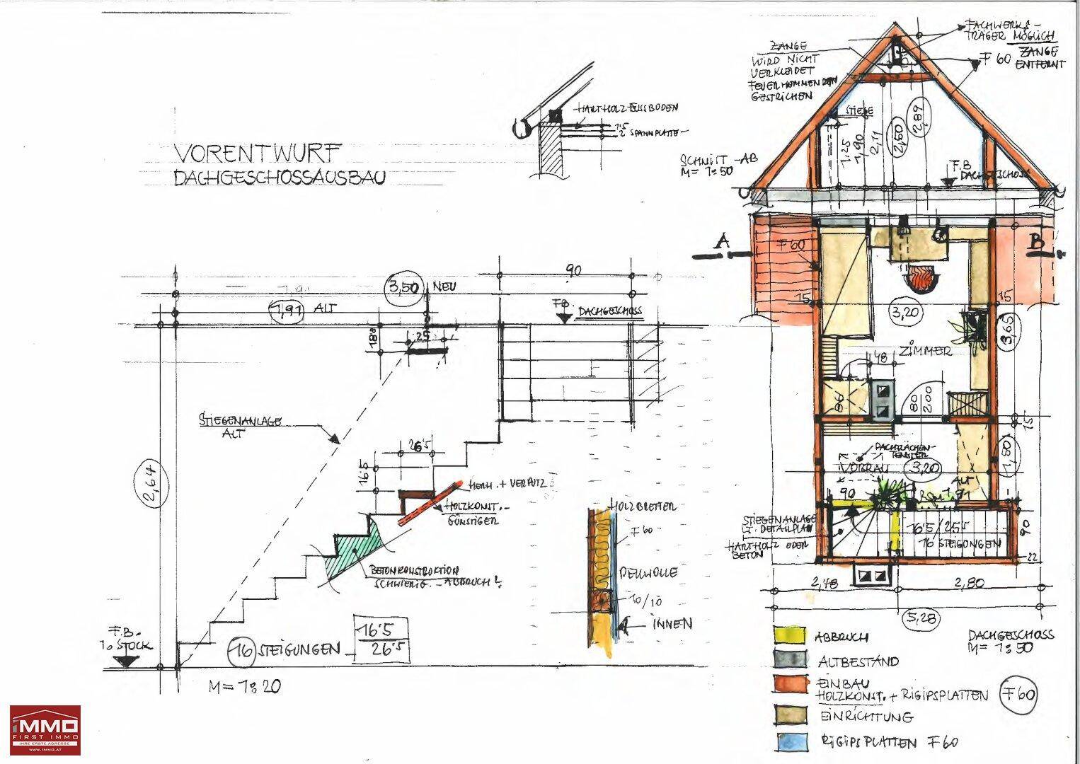Vorentwurf für einen Dachgeschossausbau mit Grundriss und Schnittansicht des Gebäudes.