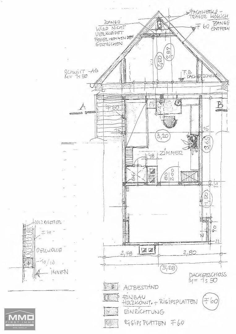 Monochromer Vorentwurf für einen Dachgeschossausbau mit Grundriss und Schnittansicht.