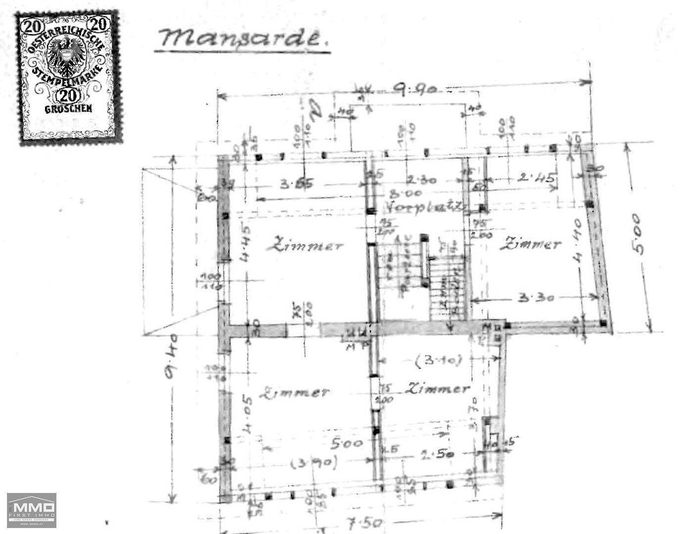 Historischer Grundriss des Mansardengeschosses mit mehreren Zimmern und Dachschrägen.