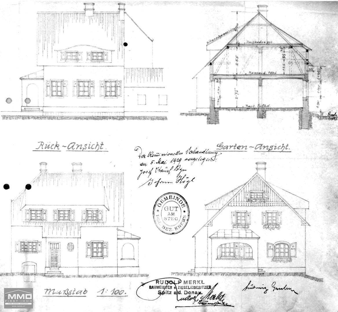 Historische architektonische Zeichnungen mit Rück- und Gartenansicht sowie einem Gebäudeschnitt.