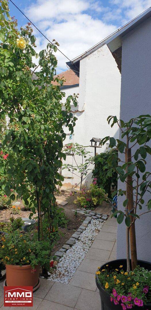 Schmaler Gartenweg mit Kies und Topfpflanzen entlang der Hauswand unter blauem Himmel.