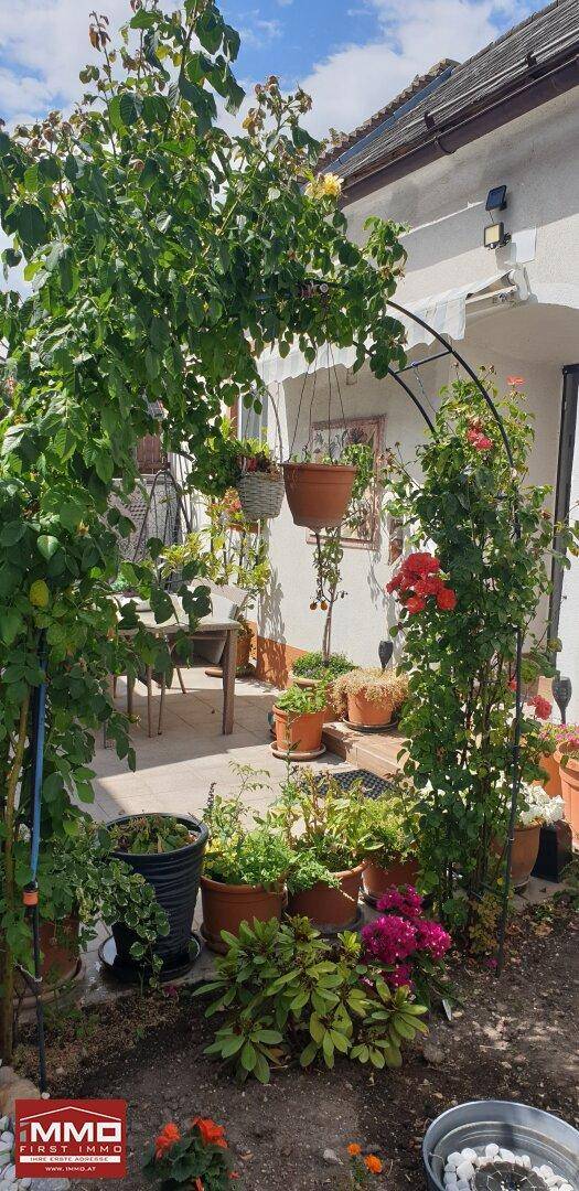Üppiger Gartenbereich mit vielen Topfpflanzen, Rankhilfen und einem Essbereich im Hintergrund.