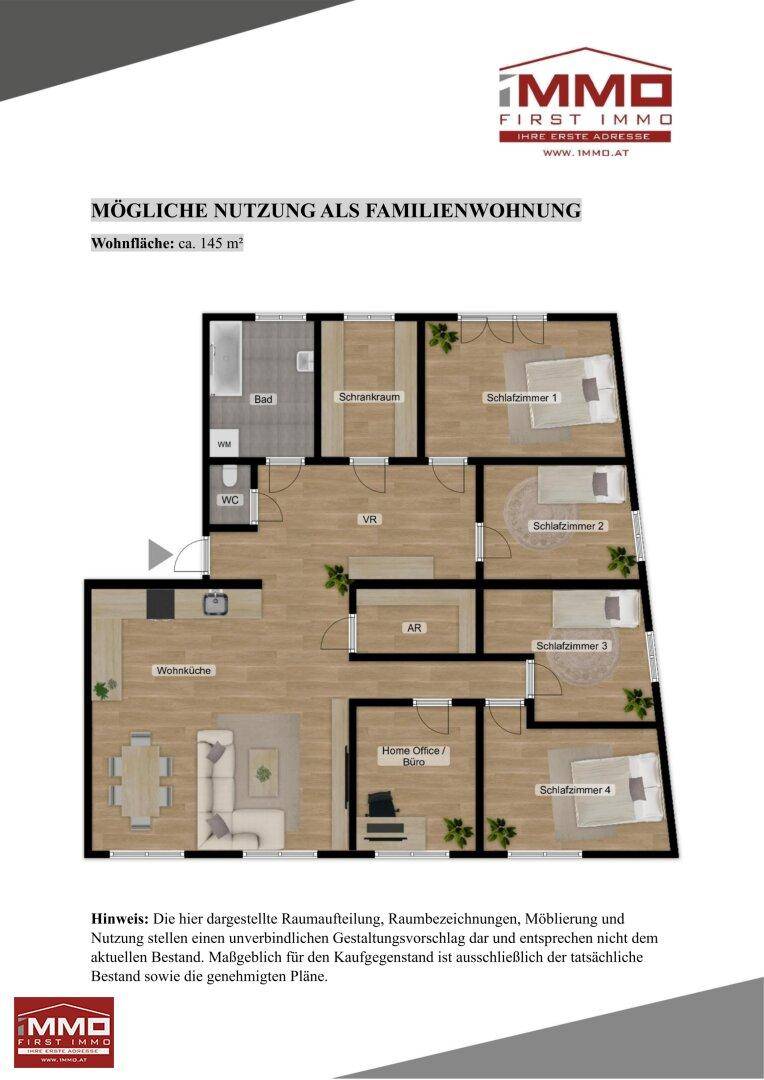 Grundriss einer Familienwohnung mit 145 m² Wohnfläche, mehreren Schlafzimmern und Home-Office-Bereich.