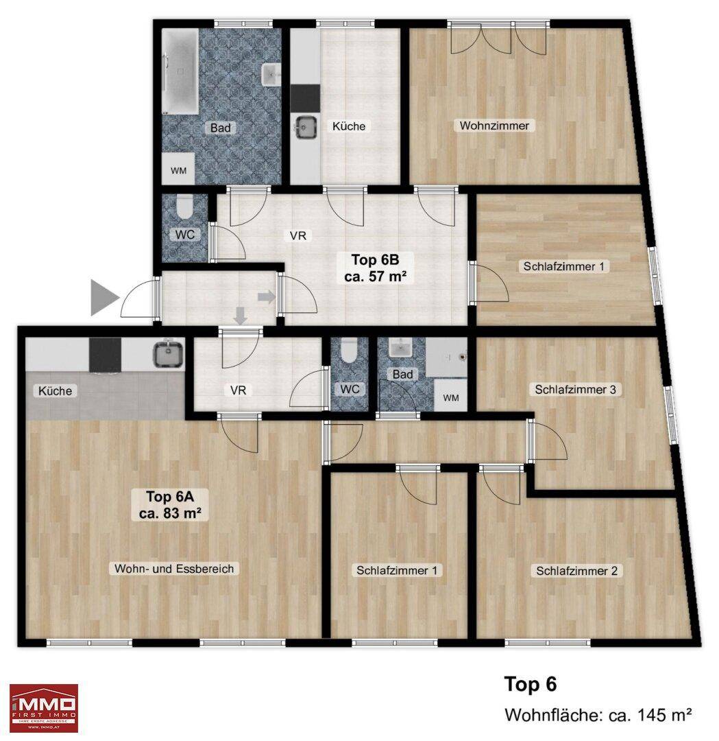 Grundrissplan zeigt zwei separate Wohneinheiten mit insgesamt 145 m² Wohnfläche und Balkonen.