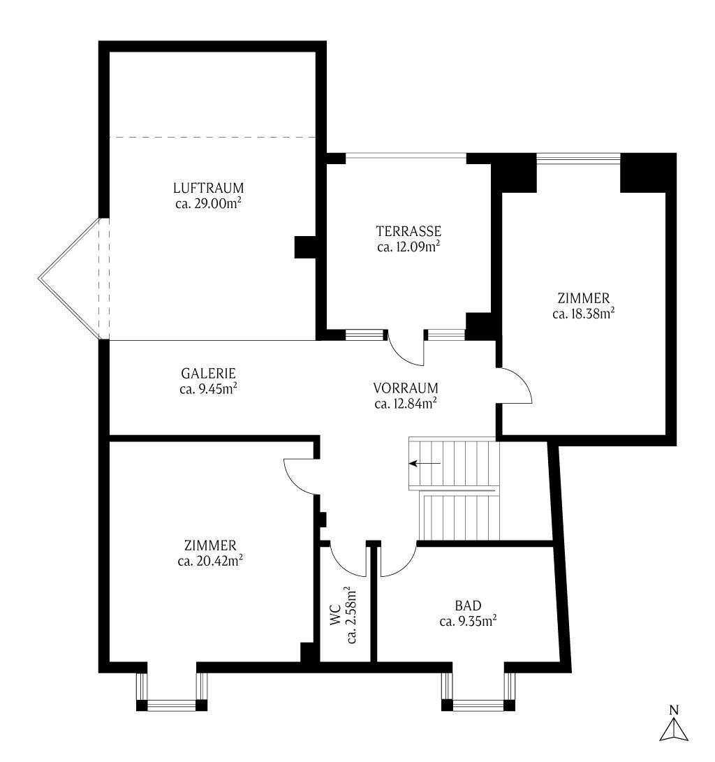 Grundriss des Obergeschosses mit Galerie, Luftraum, Zimmern, Bad, WC und einer weiteren Terrasse.