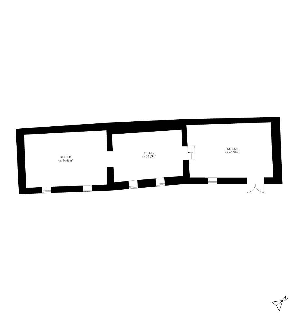Grundrissplan des Kellergeschosses mit drei separaten Kellerräumen.
