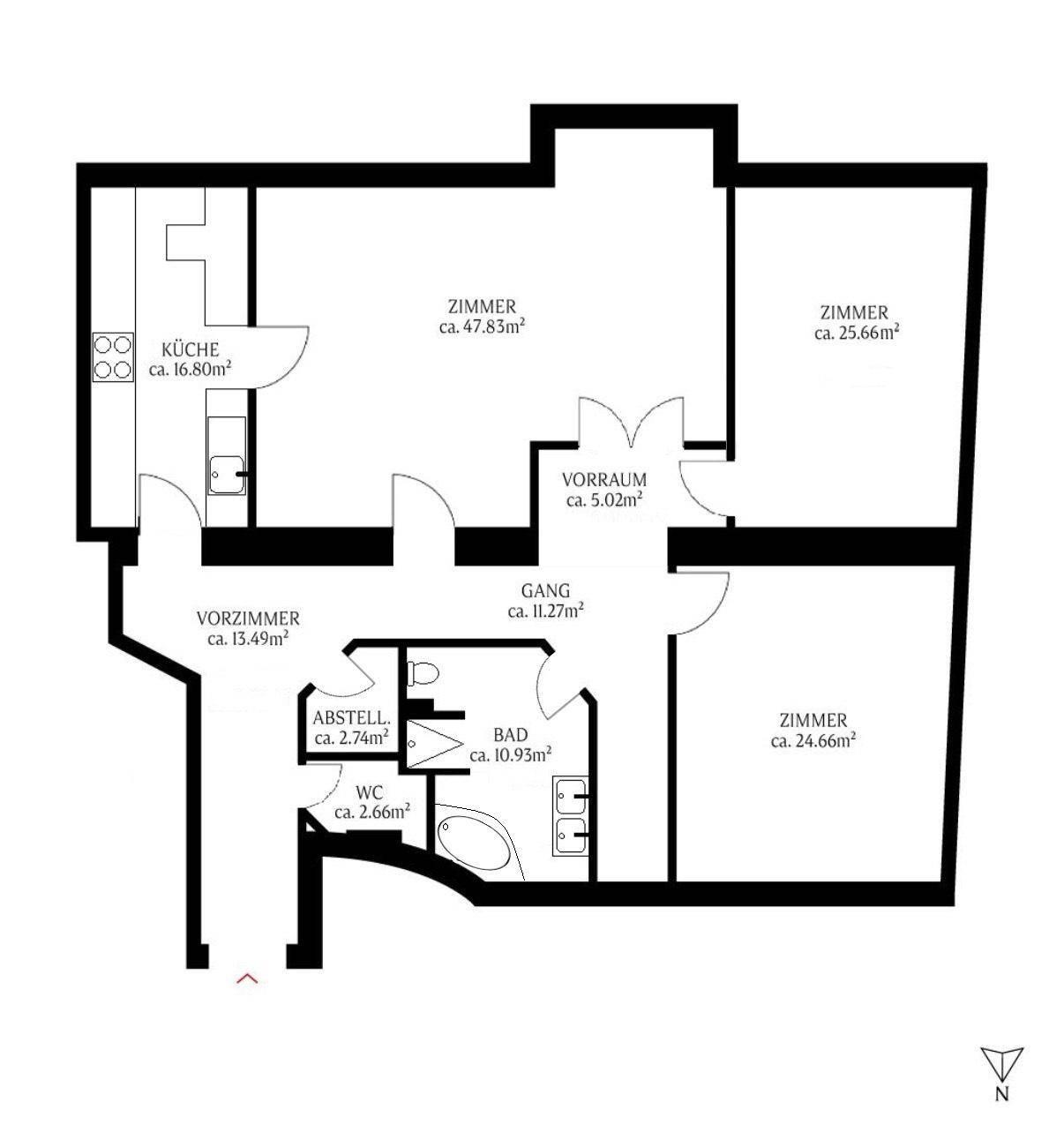 Grundriss der Wohnung mit mehreren Zimmern, Küche, Bad und WC.