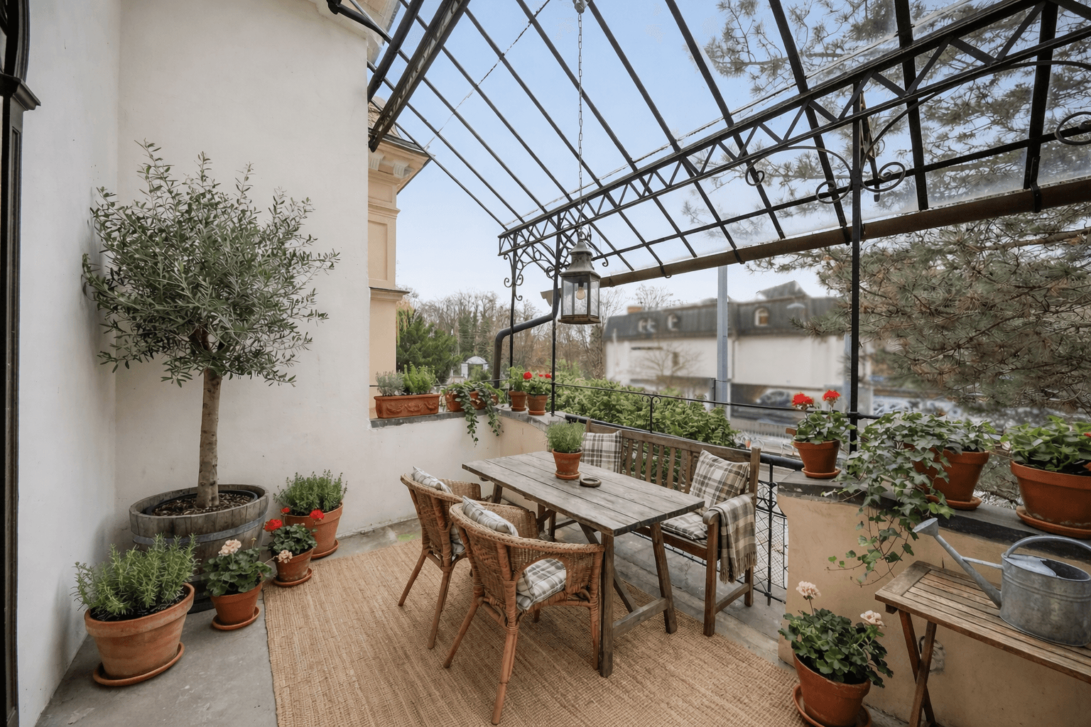 Überdachte Terrasse mit Gartenmöbeln und vielen Pflanzen, ideal zum Entspannen.