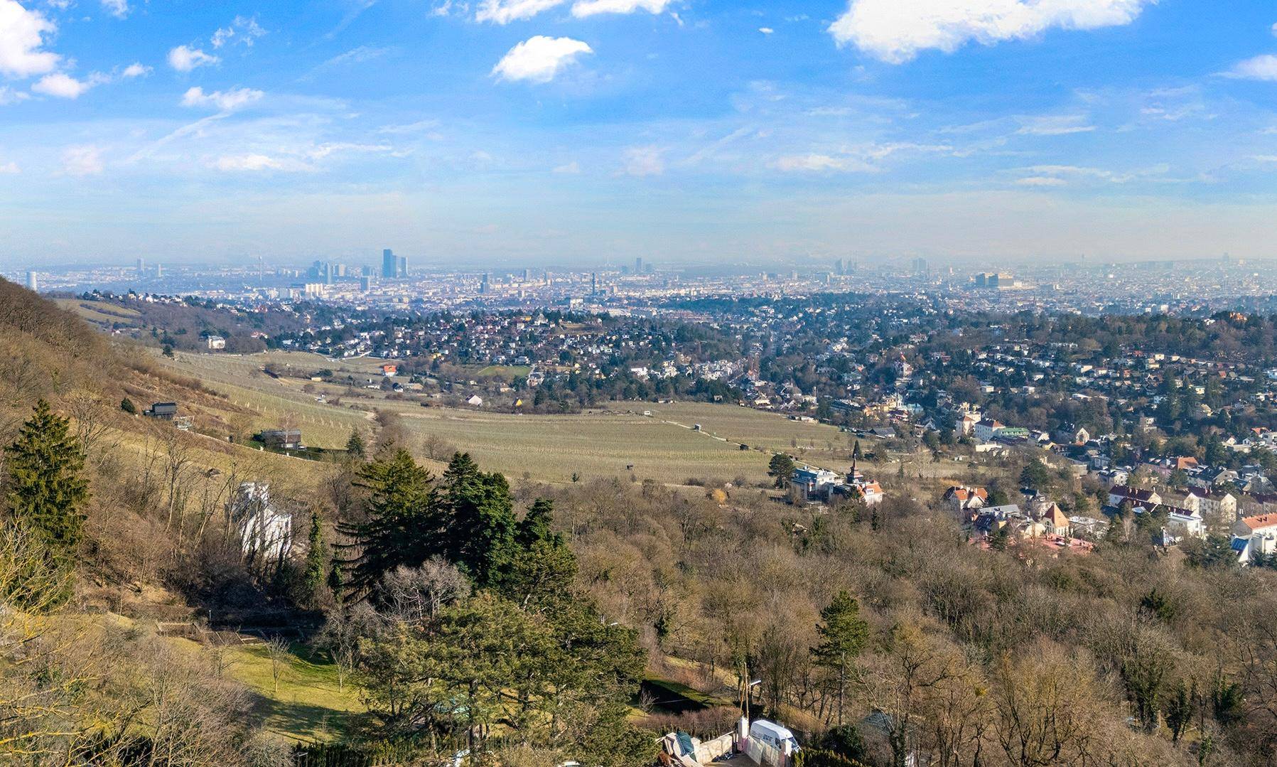 Weitläufiger Panoramablick über eine Stadtlandschaft mit Weinbergen und bewaldeten Hügeln.
