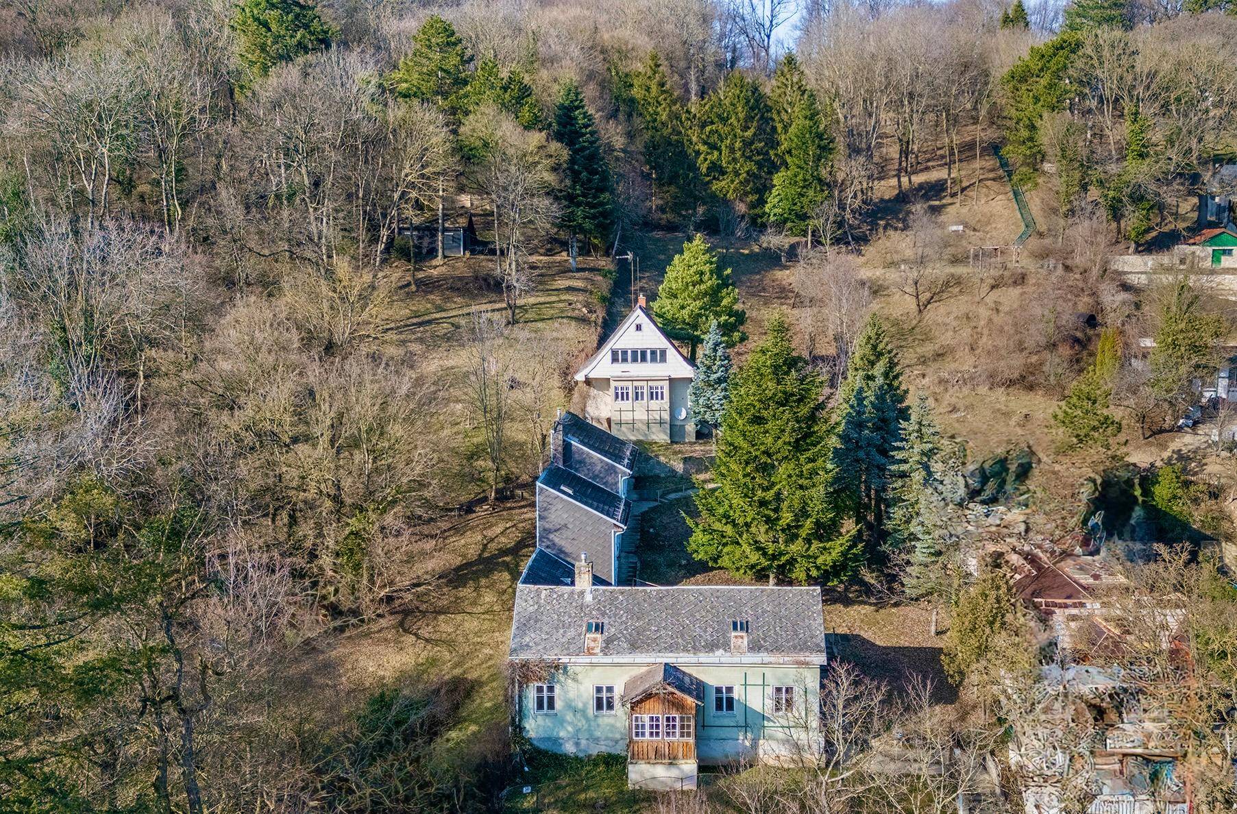 Luftaufnahme von zwei älteren Häusern in Hanglage, umgeben von Bäumen und Vegetation.