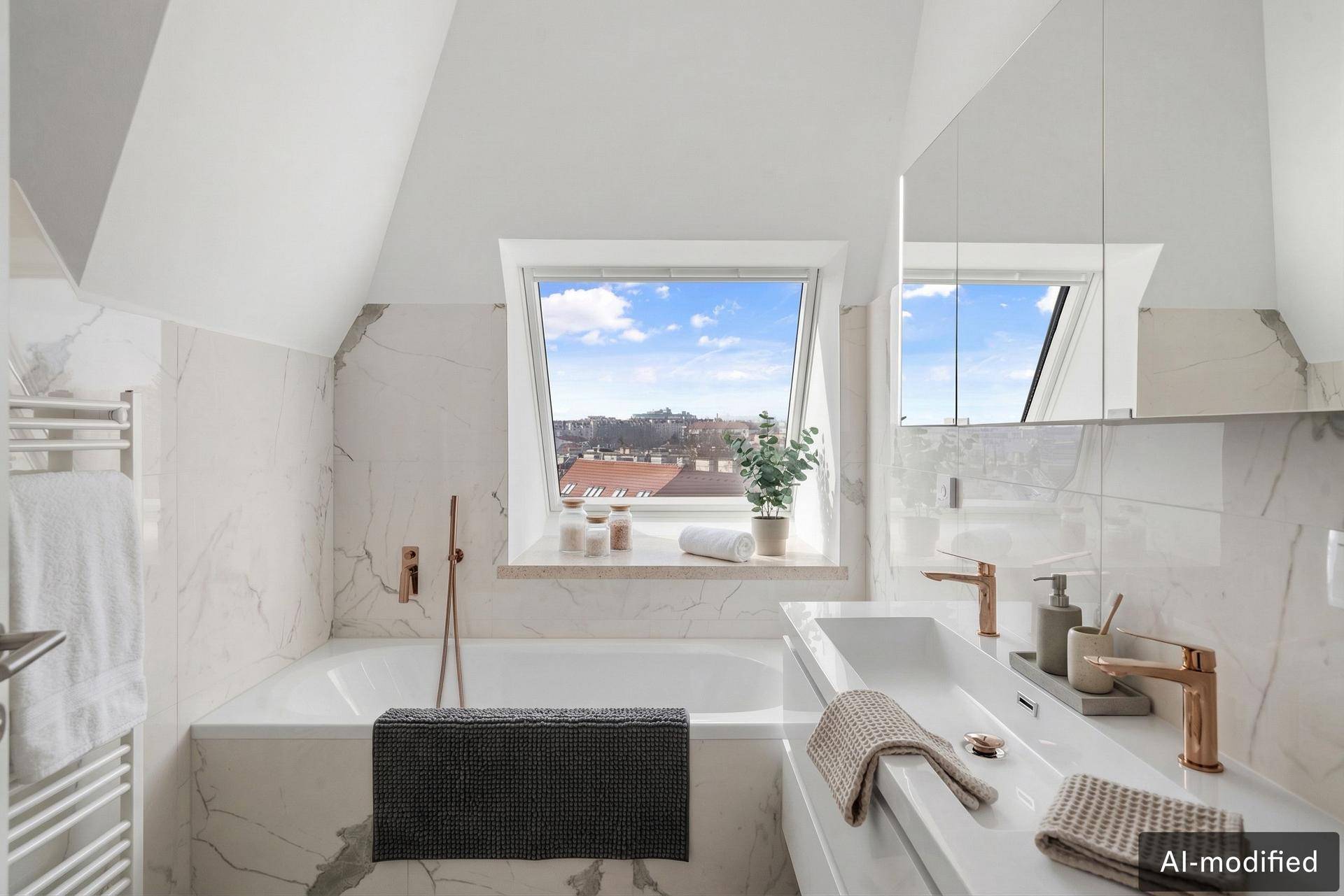 Modernes Badezimmer mit Badewanne, Doppelwaschbecken und Dachfenster.