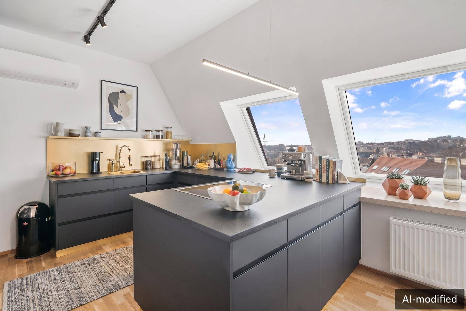 Moderne Küche mit dunklen Schränken, Kücheninsel und Dachfenstern mit Stadtblick.