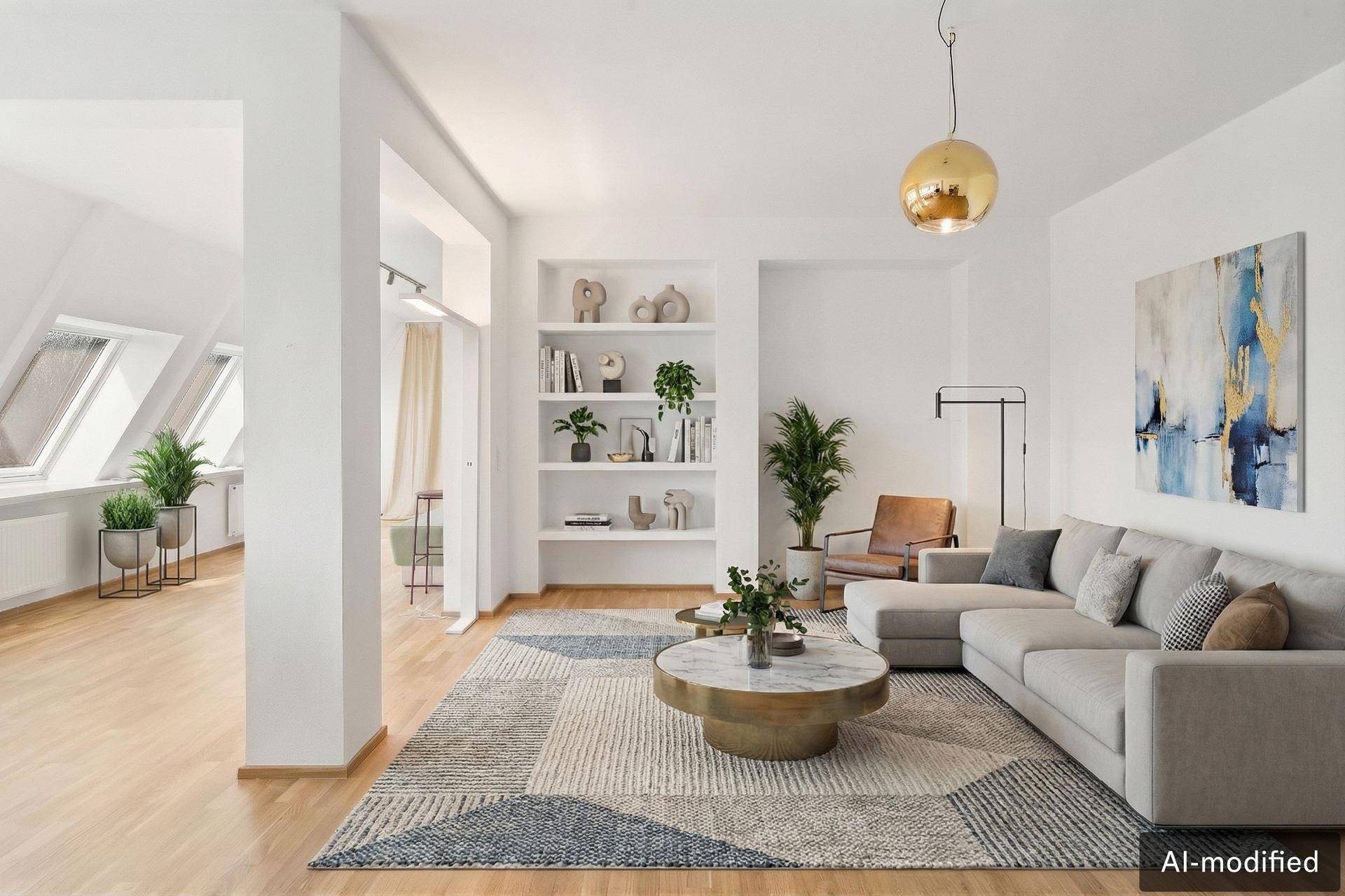 Helles Wohnzimmer mit stilvoller Einrichtung, Holzboden und integrierten Regalen.