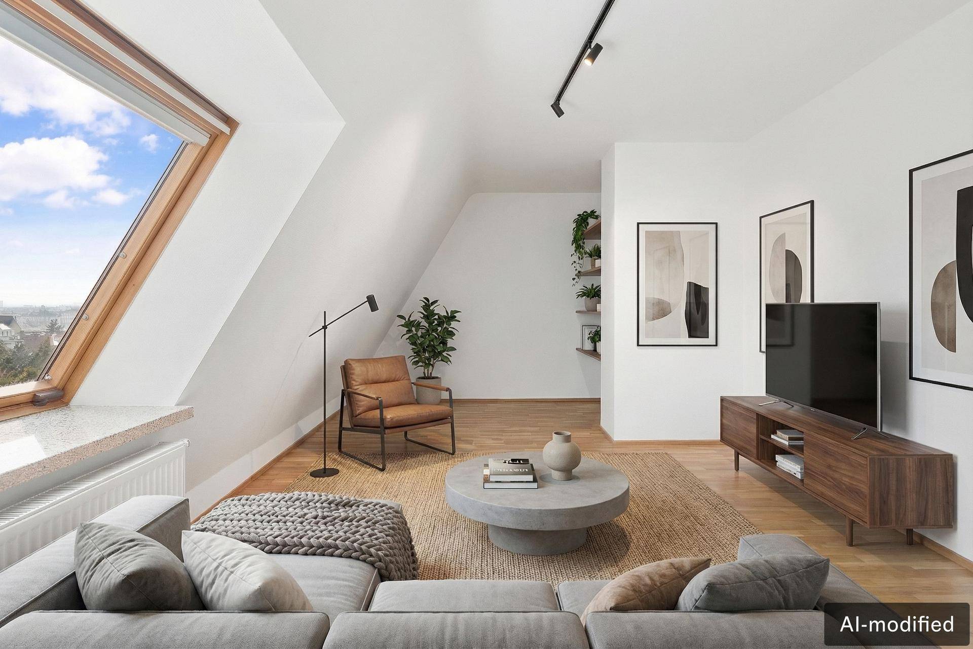 Gemütliches Wohnzimmer mit Dachfenster, Holzboden und moderner Einrichtung.