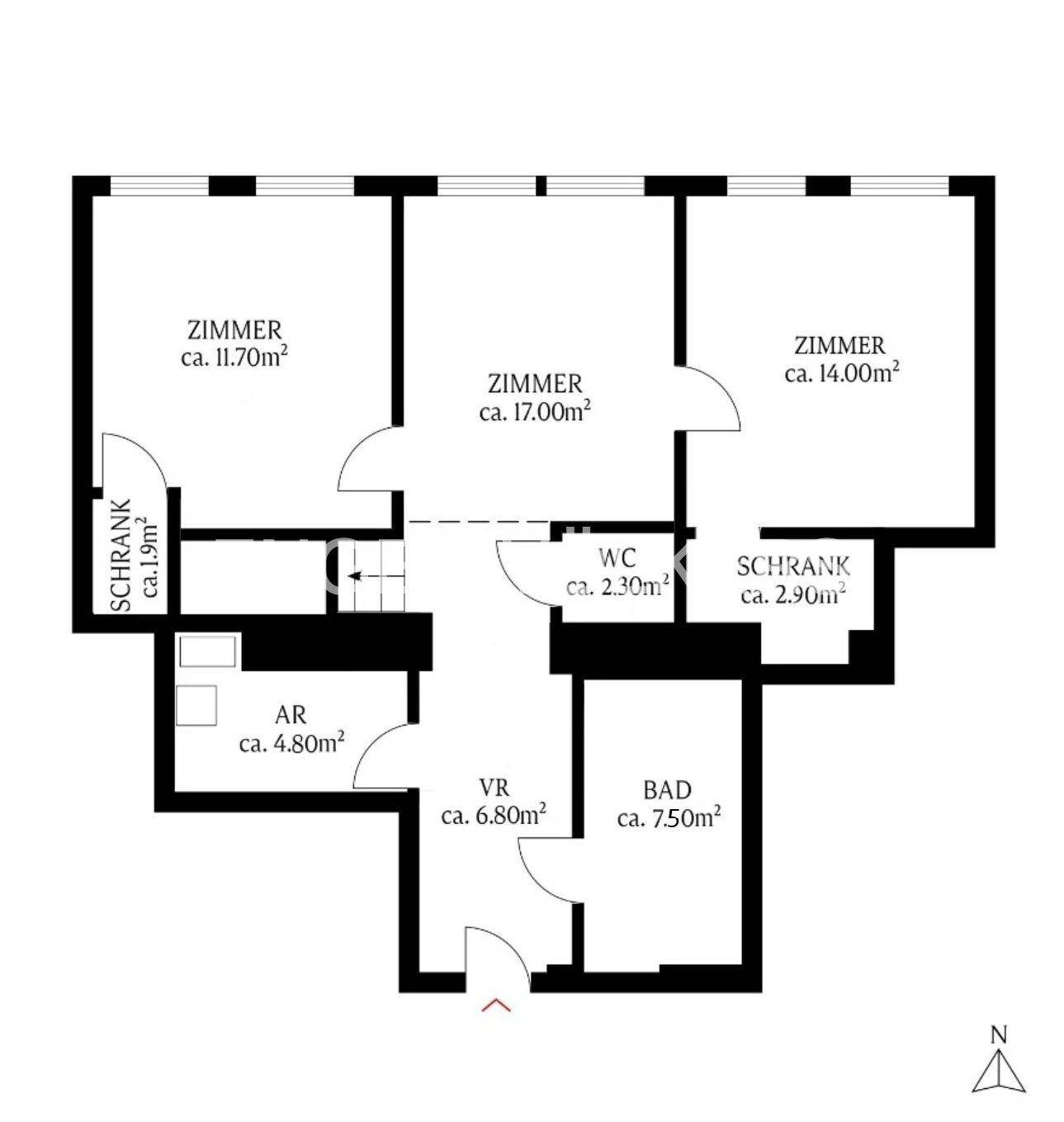 Grundrissplan der oberen Etage mit drei Zimmern, Bad, WC und Abstellraum.