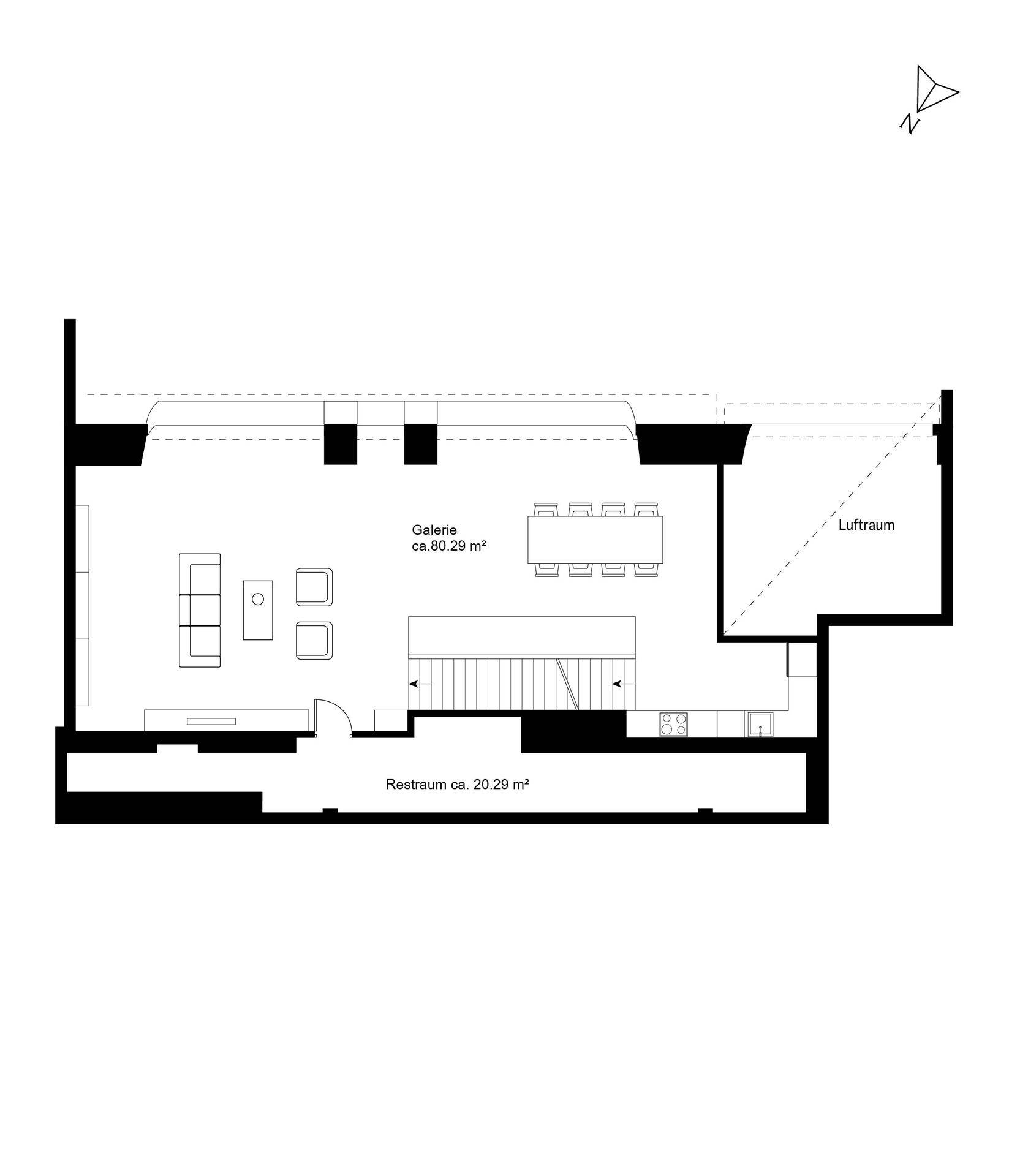 Grundriss der Galerie-Ebene mit offenem Wohnbereich und Luftraum.