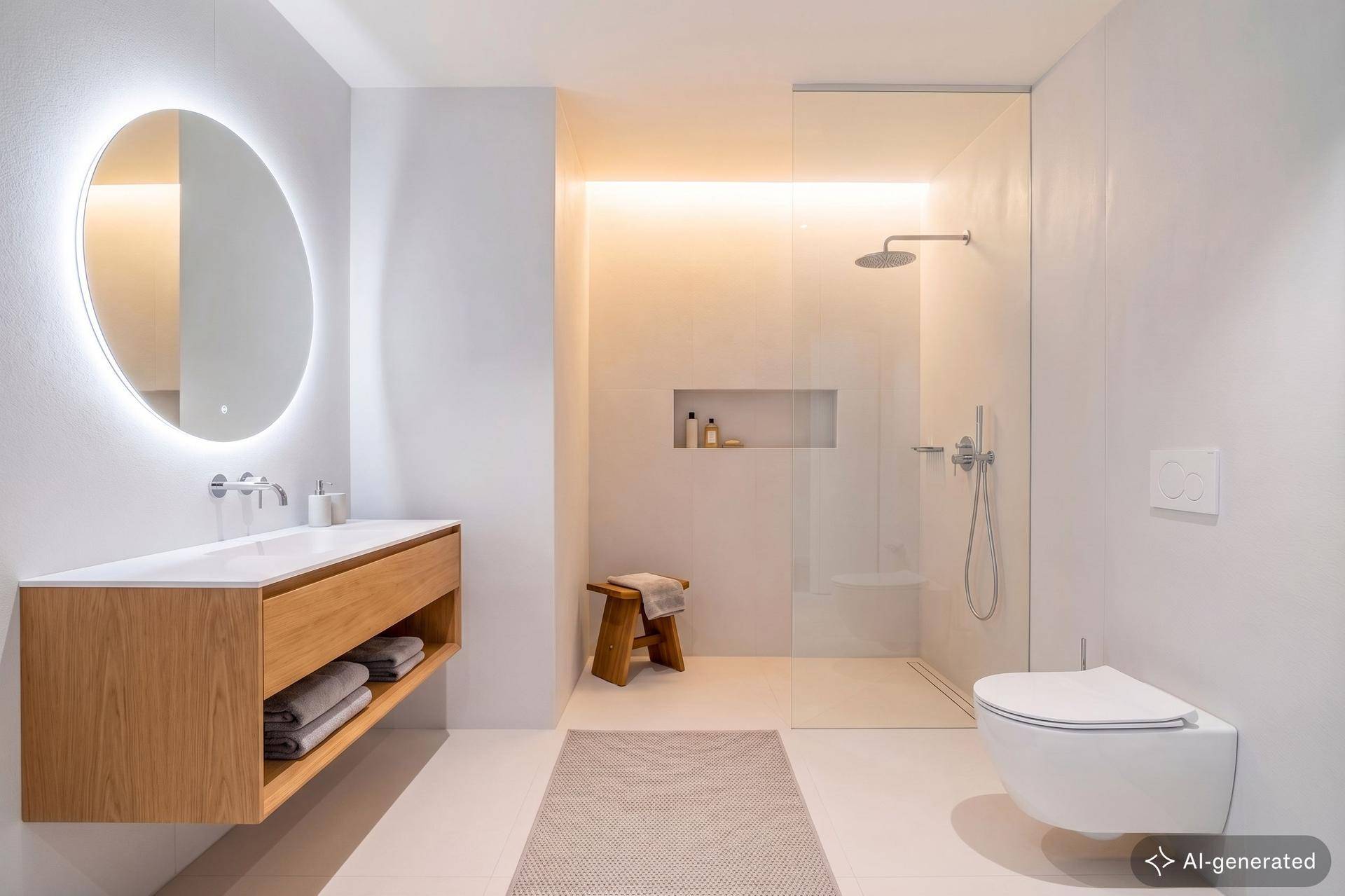 Modernes Badezimmer mit schwebendem Waschtisch, beleuchtetem Spiegel und begehbarer Dusche.