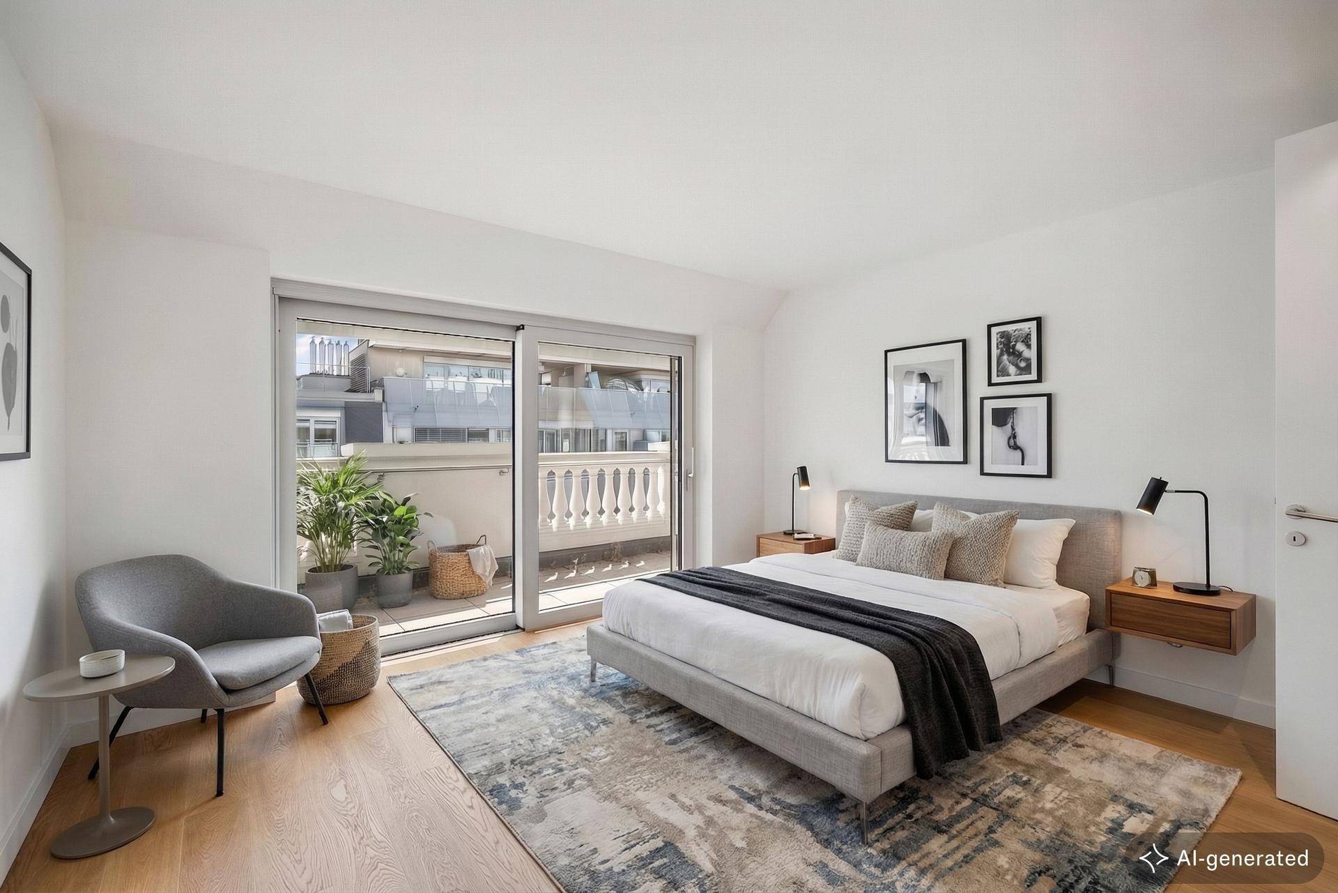 Gemütliches Schlafzimmer mit Doppelbett, Sessel und Zugang zu einem Balkon.