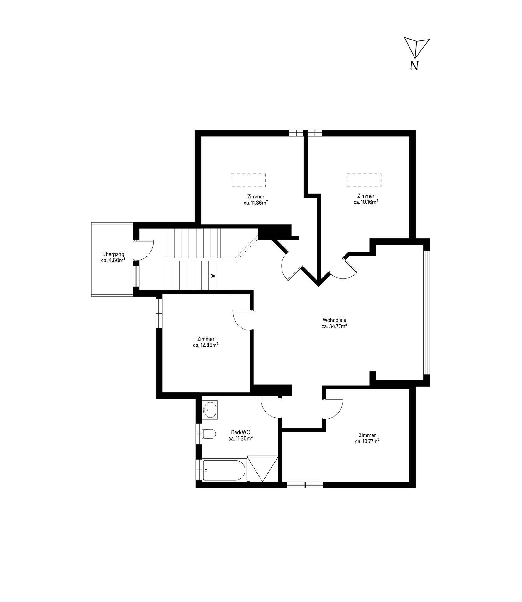 Grundriss des Obergeschosses mit vier Zimmern und einem Badezimmer.