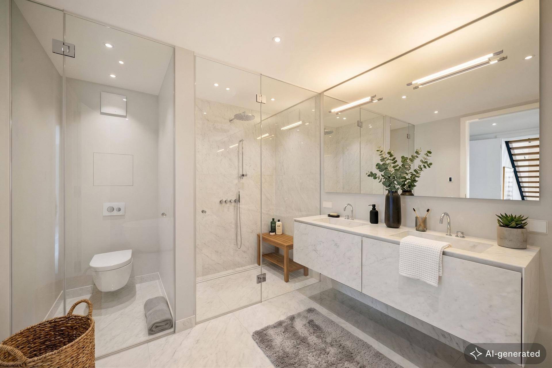 Modernes Badezimmer mit begehbarer Dusche, Toilette und Doppelwaschbecken.