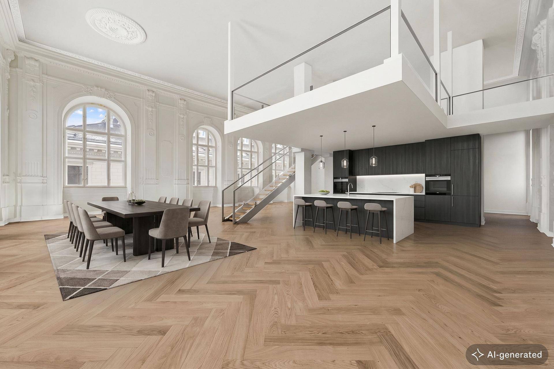 Offener Wohn- und Essbereich mit moderner Küche, hohen Decken und elegantem Fischgrätparkett.